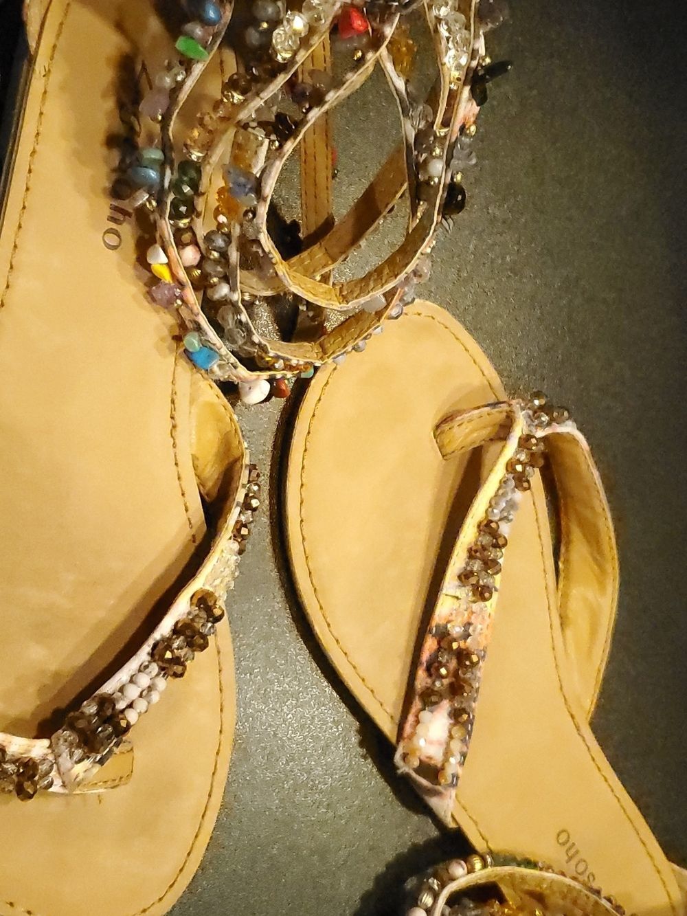 Zigi Soho Gold Beaded T-Strap Sandals with Multicolor Accents - Picture 5 of 9